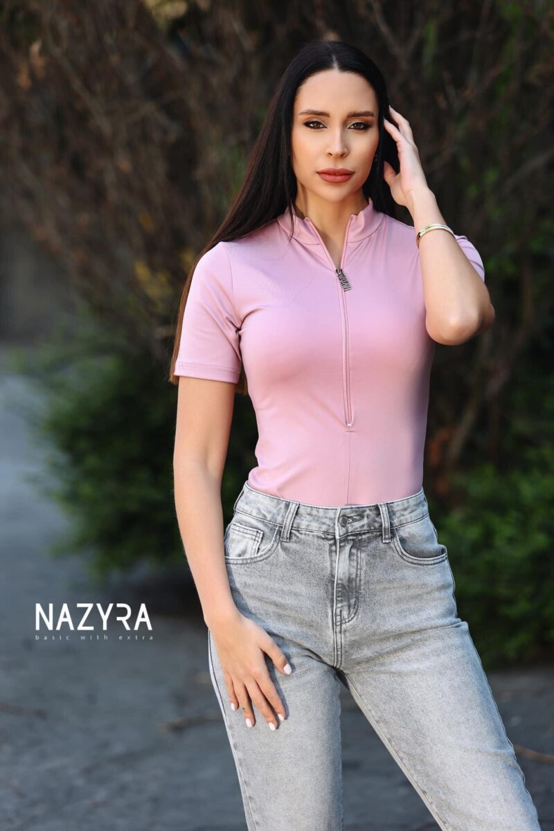estrella nazyra body púder rózsaszín rövidujjú body cipzáros pattentos
